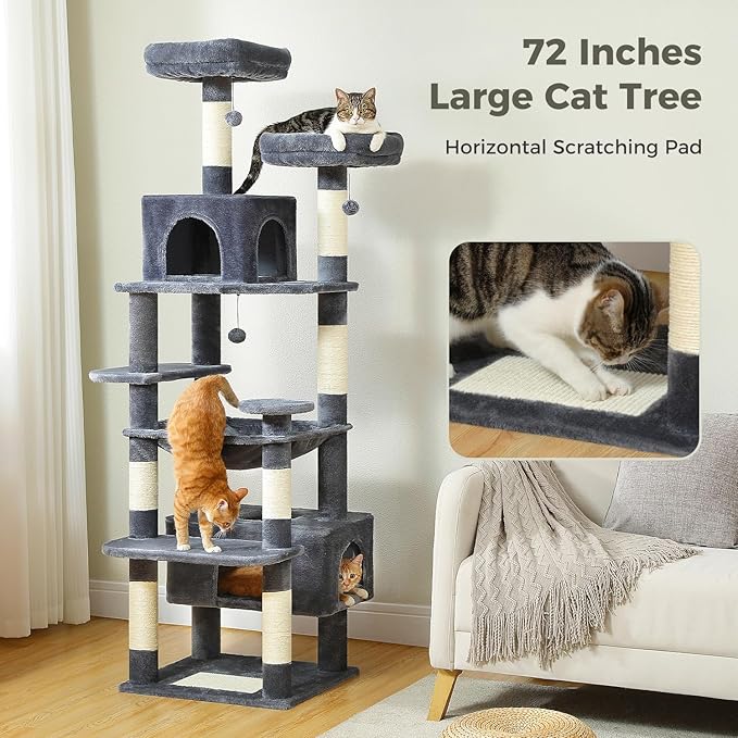 PAWZ Road Large Cat Tree, 72 Inches Cat Tower for Large Cats, Cat Condo with Sisal-Covered Scratching Posts and Pads, 2 Padded Perch, Dual Condo and Basket for Indoor Cats-Dark Gray