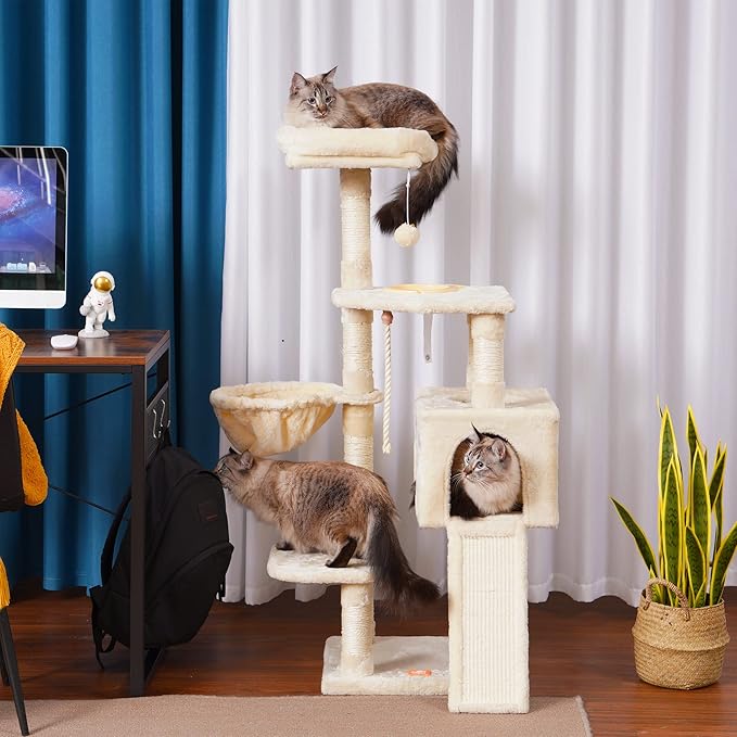 Heybly Cat Tree, Cat Tower for Indoor Cats with Scratching Board, Multi-Level Cat Furniture Condo with Feeding Bowl, Beige HCT010M