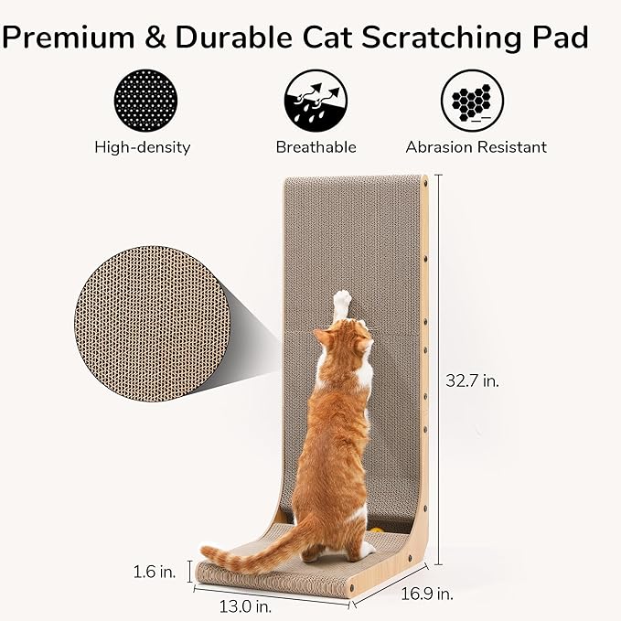 FUKUMARU Cat Scratcher, 32.7 Inch L Shape Cat Scratch Pad Wall Mounted, Cat Scratching Cardboard with Ball Toy for Indoor Cats, Extra Large