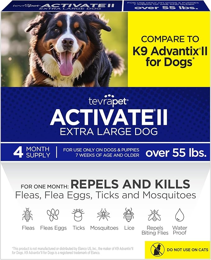 TevraPet Activate II Flea and Tick Prevention for Dogs | 4 Count | Extra Large Dogs 55+ lbs | Topical Drops | 4 Months Flea Treatment