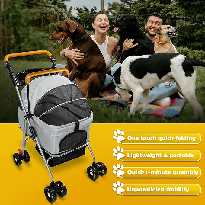 Pet Stroller with Storage Basket and Cup Holder, Folding Dog Jogger, Foldable Cat Stroller, 3 in 1 Puppy Kitten Cart, Pet Jogger for Medium Dog Cat (Gray)