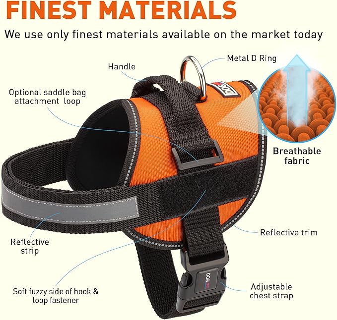 Dogline Dog Harness, Reflective No-Pull Adjustable Vest with Handle for Walking, Training, Breathable, No - Choke Harness for Small, Medium or Large Dogs Room for Patches Girth 22"-28" in Orange