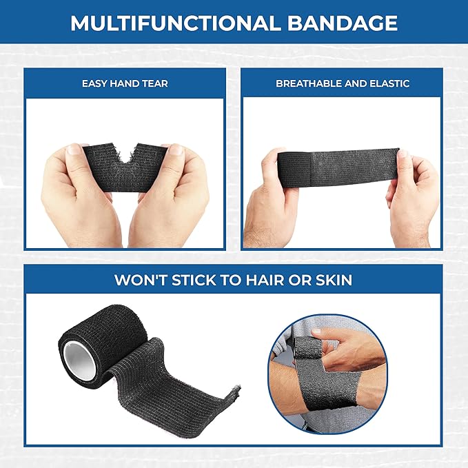 Self Adhesive Bandage Wrap - Pack of 12 Black Color, Non-Woven, Breathable & Water-Resistant Vet Wrap for First Aid, Sports Injury, Body Sprains, & Pets - 2 Inch x 5 Yards