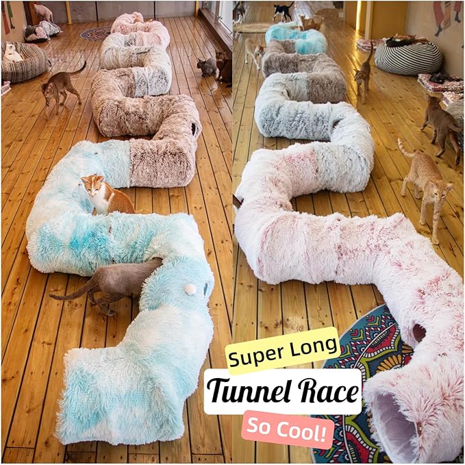 XxingSheep 4 Cave Shuttled XL Cat Tunnel Bed for Indoor Cats Peekaboo Toy Donut with Warm Mat, Azure Blue