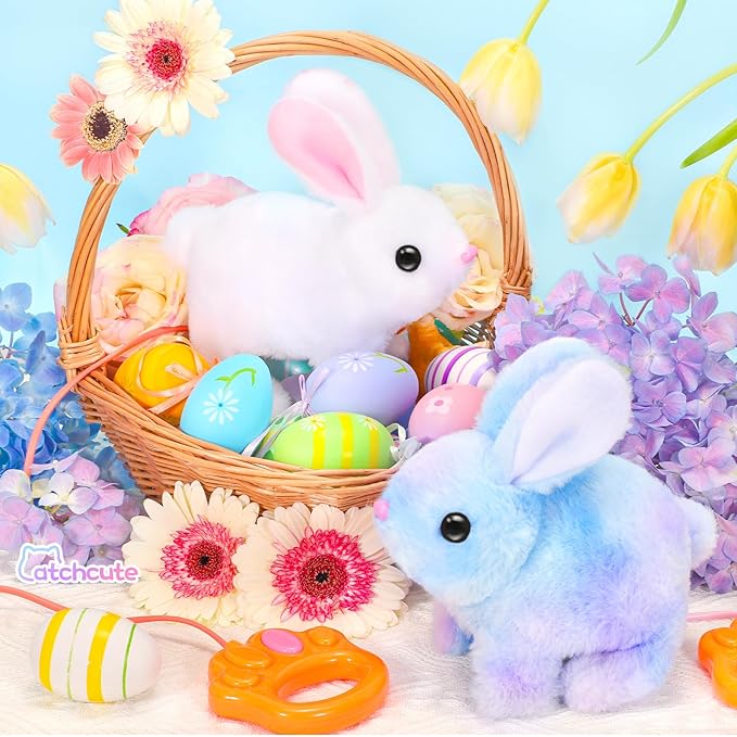 Plush Bunny Easter Toys for Kids,Interactive Bunny with Sounds,Can Walk and Wag Tail with Remote Control Leash,Easter Eggs with Surprise,Easter Birthday Gift for Toddlers