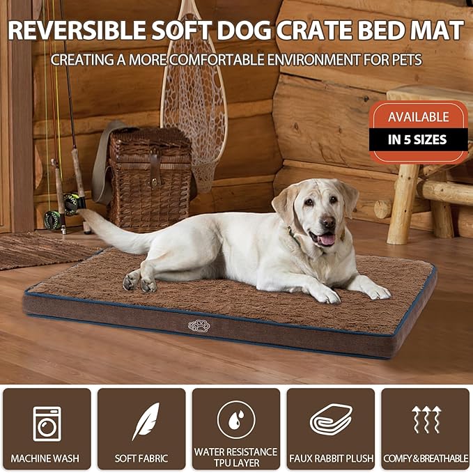 EMPSIGN Dog Bed Mat 35 Inch Reversible Warm & Cool,Washable Dog Crate Bed with Egg Crate Foam Support, Pet Sleeping Mat for Large Medium Small Dogs, Fluffy Kennel Pad(Brown)