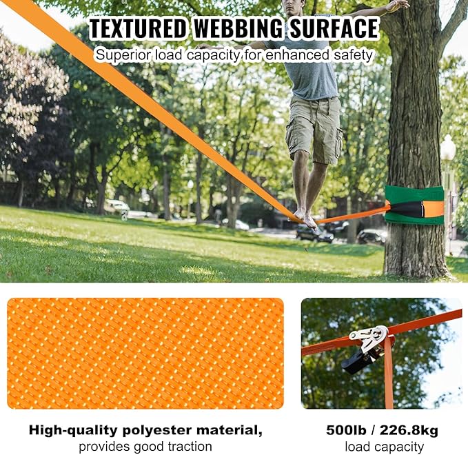 VEVOR Slackline Kit with Training Line, 60 ft Backyard Slack Line Equipment, Easy Setup Tight Rope for Kids Adults, Complete Slackline Set with Tree Protectors, Arm Trainer, Carry Bag, and Instruction