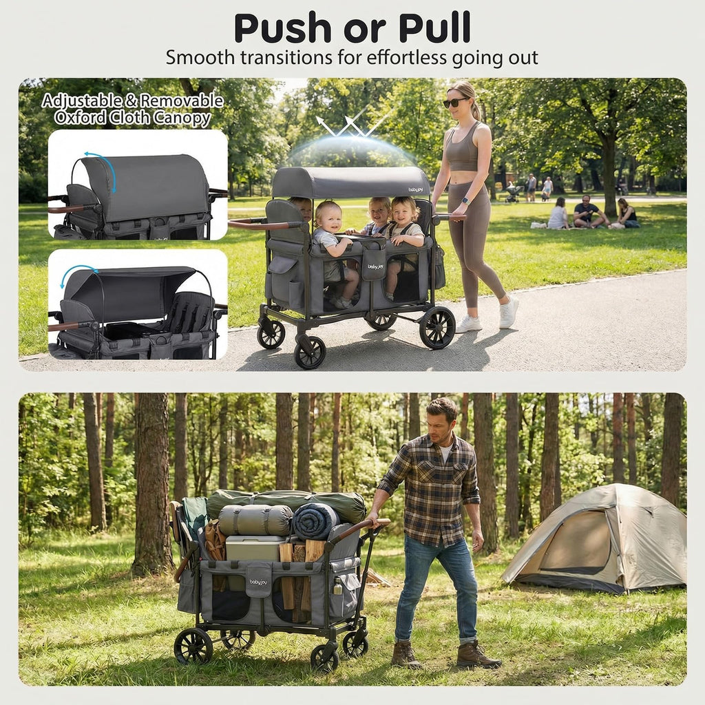 BABY JOY Wagon Stroller for 4 Kids, Foldable Stroller Wagon with Removable Canopy, Adjustable Handle, Snack Tray, Parent Organizer, 5-Point Safety Harness, Convertible Diaper Bag/Changing Pad (Black)