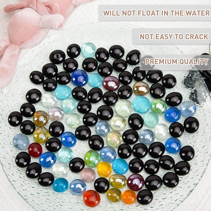 FUTUREPLUSX 1LB Black Flat Glass Marbles, Glass Pebbles Vase Filler, Dark Beads Fishbowl Decorative Gem for Table Scatter Home Decor