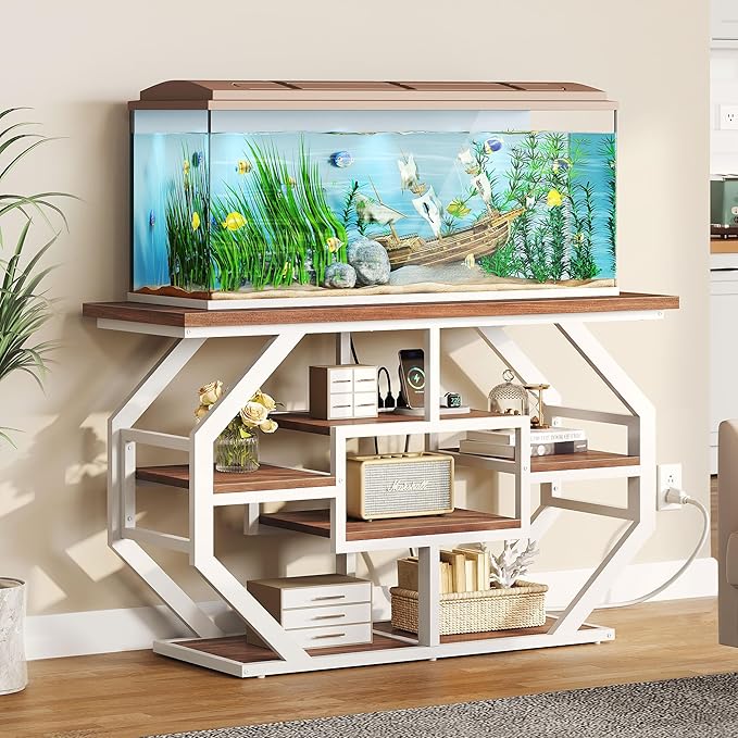 YITAHOME Heavy Duty 55-75 Gallon Fish Tank Stand with Power Outlet, Marble Aquarium Stand for Fish, Turtle, Reptile Terrarium, Shelves for Fish Tank Accessories Storage, 860LBS Capacity, White & Walnut