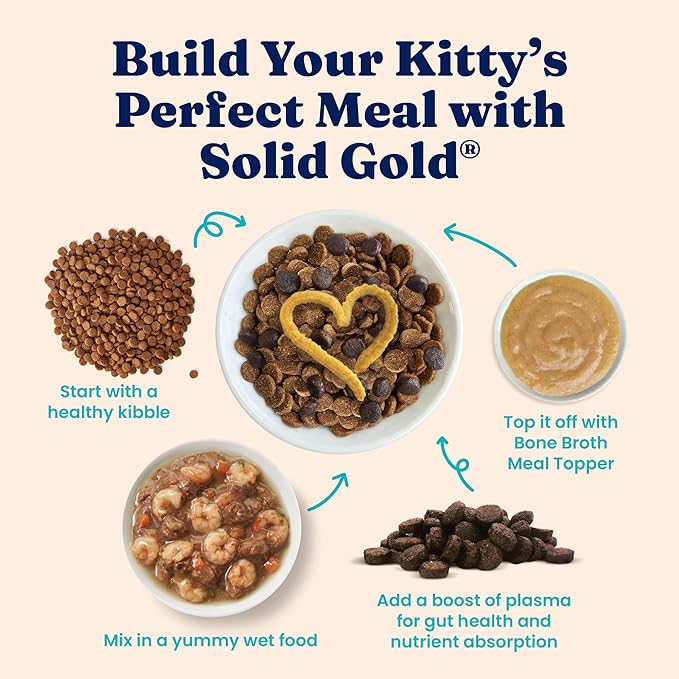 Solid Gold Bone Broth Cat Food Topper - Limited Ingredient Lickable Cat Broth Pouches w/Chicken Protein Shreds & Collagen for Hydration & Gut Support - Easy to Serve Gravy for Cats Meal Topper - 12ct
