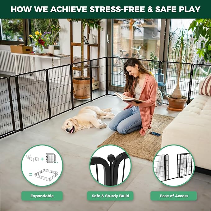 FXW Homeplus Unleashed Indoor Dog Playpen - Stress-Free and Safe Play, Heavy Duty 40 Inch 12 Wire Panels Dog Pen for Medium and Large Dogs, Black│Patented