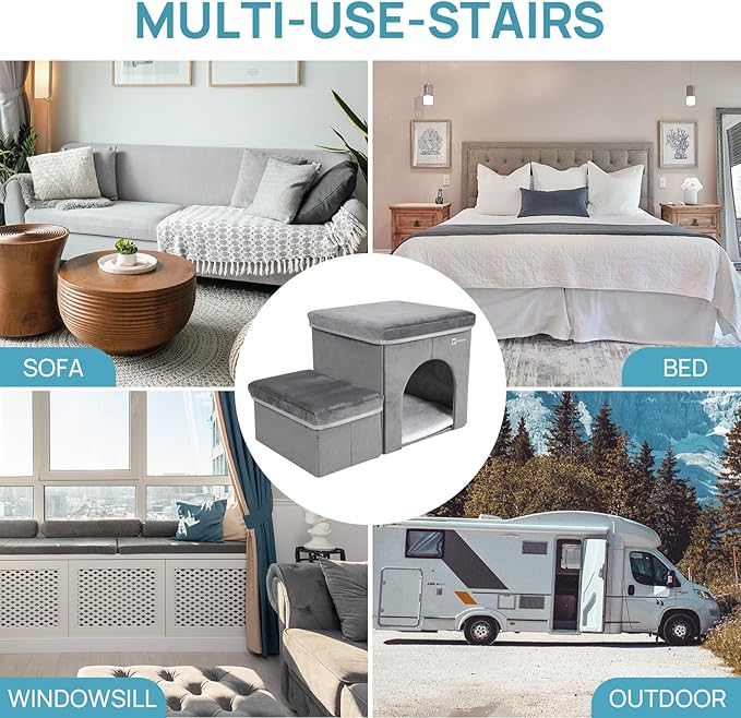 Foldable Pet Stairs for Beds & Sofas - Non-Slip Dog Steps with Storage for Small to Medium Dogs & Cats, Supports up to 120 lbs - Durable 2 & 3-Step Doggie Ladder for Easy Access
