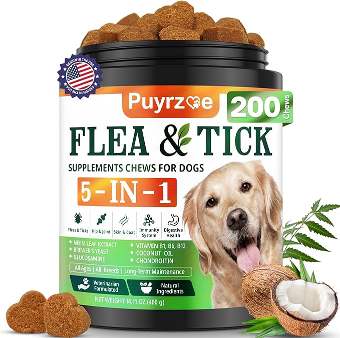 5-in-1 Dog Flea and Tick Treatment Chewable, Natural Flea and Tick Prevention for Dogs Chewable - Flea & Tick | Hip & Joint | Skin & Coat | Immunity Support | Digestive for All Breeds & Sizes