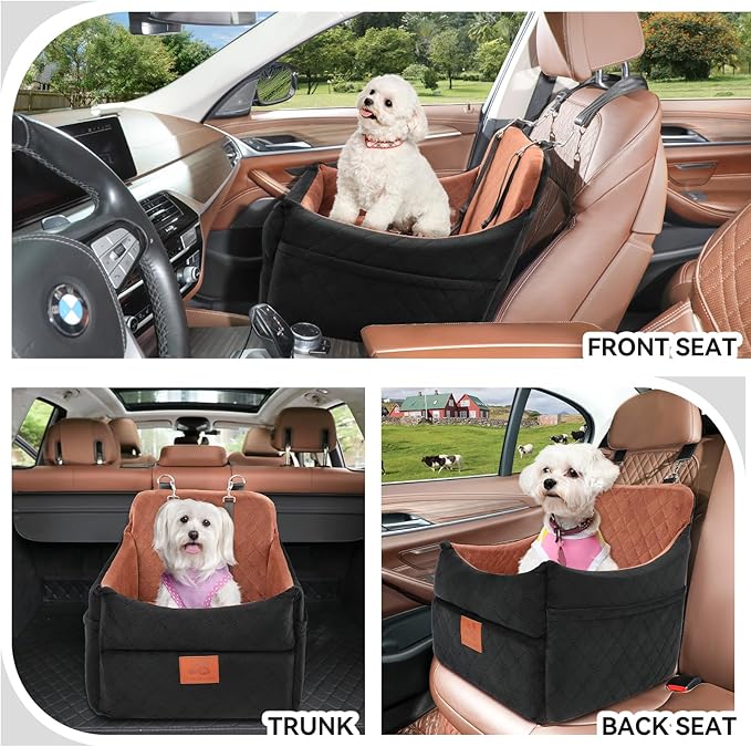Dog Car Seat for Small/Medium Dogs, Dog Booster Car Seats with Thick Cushion for Dogs Under 35lbs, Detachable Washable Pet Car Seat with Storage Pockets, 2 Safety Belts(Black/Brown)