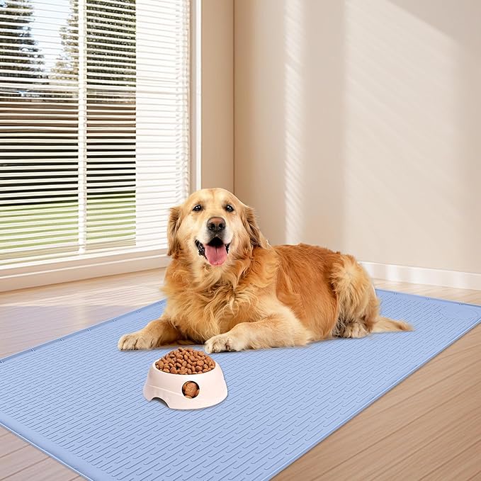 Dog Food Mat, Extra Large 40" x 28" Silicone Pet Feeding Mat with Raised Edge Pet Placemat for Small, Medium, and Large Pets Non-Slip, Easy to Clean (Blue)