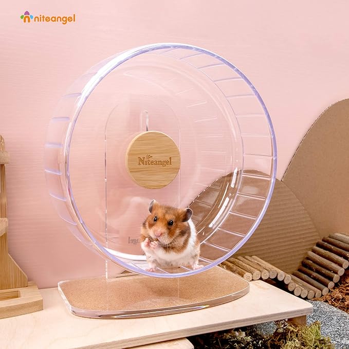 Niteangel Super-Silent Hamster Exercise Wheels - Quiet Spinner Hamster Running Wheels with Adjustable Stand for Hamsters Gerbils Mice Or Other Small Animals (M, Transparent)