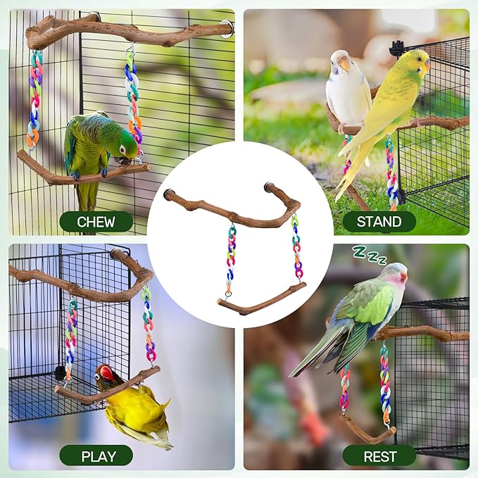 Bird Swing Toys, Standing Bird Perch with Natural Grape Wood, U Shape Hangable Birdcage Accessories, Birds Chewing Toy for Budgerigars, Parakeets, Cockatiels, Conures, Lovebirds, Finches (2Pack)