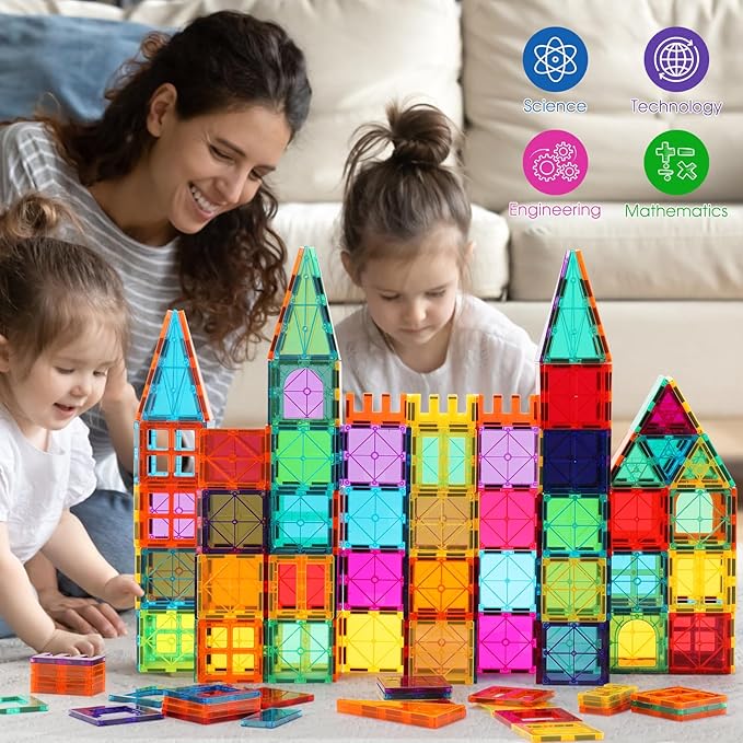 Magnetic Building Tiles for Kids,64 PCS Educational Magnetic Stacking Blocks for Boys Girls, Magnets Construction Toys,Stem Preschool Kindergarten Learning Toys