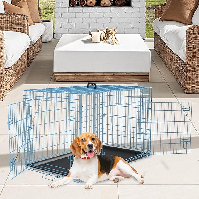 FDW Dog Crate for Medium Dogs 36 Inch Folding Metal WirePet Cage Double Door W/Divider Panel Indoor Outdoor Kennel Leak-Proof Plastic Tray,Blue