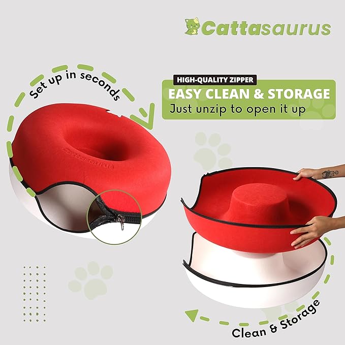 CATTASAURUS Peekaboo Cat Cave for Multiple & Large Cats Up to 30-45 Lbs, Scratch Detachable & Washable Tunnel Bed, Comfy Donut Cat Cave (Ruby Snowball, Large)