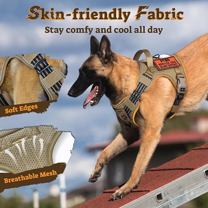 rabbitgoo Dog Harness for Large Dogs No Pull, Tactical Service Pet Vest with Molle and Control Handle, Adjustable and Reflective Military Harness for Easy Walking and Training, Brown, L