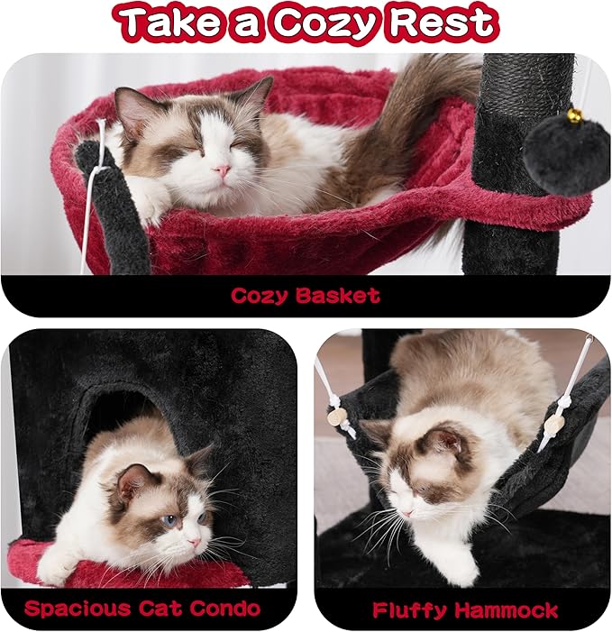 Gothic Cat Tree, Cat Tower for Large Cats with 2 Big Platforms, 2 Baskets, condo and Toys, 63" Cat Scratching Posts for Indoor Cats, Black and red GCT020BR