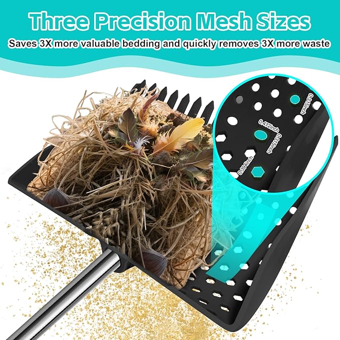 12-Inch 2-in-1 Chicken Poop Scooper & Rake – US Patent Pending – 3-Shape Sifting Holes Chicken Coop Rake，Stainless Steel Handle （20–61"）– Litter Scoop Sand & Sifting Shovel for Chicken Coops (Black)