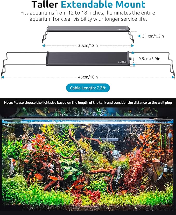 LED Aquarium Light, 24/7 Custom Timer, Power-Off Memory,7-Row LED 12-18in Full Spectrum Fish Tank Light, 8 Colors, 20 Brightness, Day&Night Cycle, Adjustable Mount for Freshwater Plant Growth
