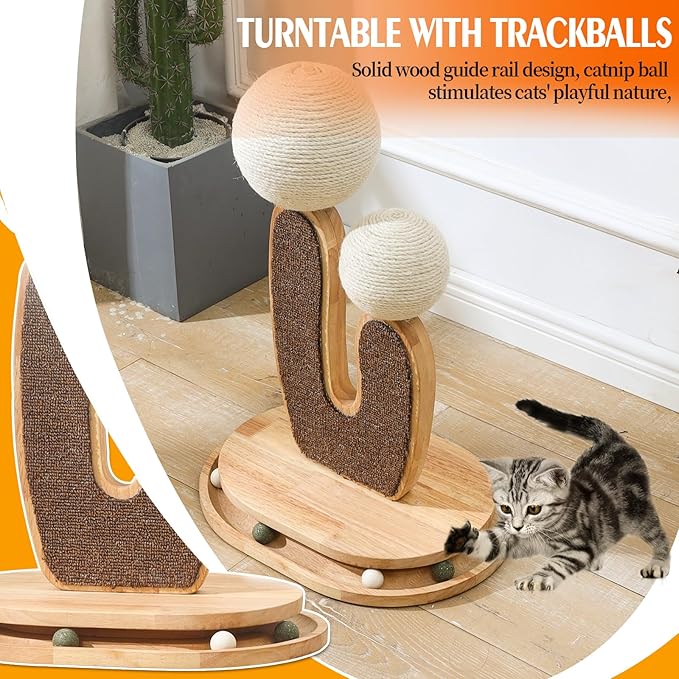 Cactus-Shaped Cat Scratching Post with Cat Scratcher, Interactive Toy Balls, Handmade with Natural Materials, Cute Cat Scratching Post, Easy-to-Clean Cat Furniture