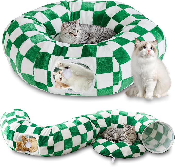 Cat Tunnel for Indoor Cats, Cute Peekaboo Cat Cave with Dangling Balls, Checkered Pet Donut Tunnel Bed with Circle Mat for Puppy Kitten Rabbit, Green/White