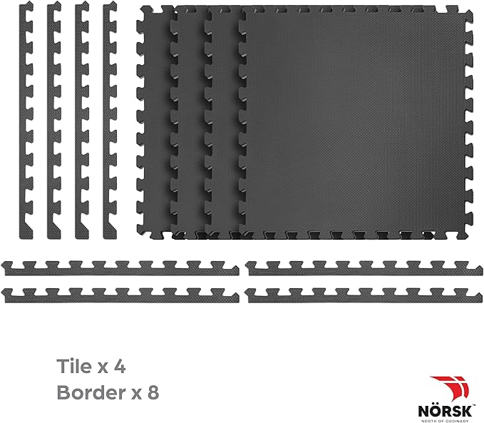 Norsk Multi-Purpose Reversible Floor Mats - EVA Interlocking Foam Tiles (Gray/Black 16 Tiles - 64 sq. Ft. 1/2" Thick)