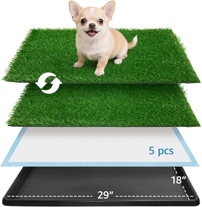 Dog Grass pad with Tray,29”x 18” Indoor Dog Potty with 2 Packs Replacement Artificial Fake Grass-5 Packs Disposable Puppy Pads,for Puppy Training Apartment,Apartment Use