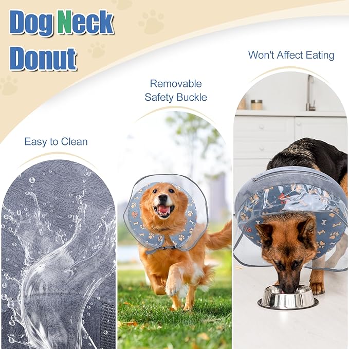 Inflatable Dog Cone Collar, Adjustable Size Soft PVC 2-in-1 Dog Donut Collar After Surgery with Detachable, Inflatable Collar for Small Medium Large Dogs and Cats (Grey, L)