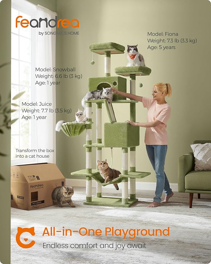 Feandrea Cat Tree, 81.1-Inch Large Cat Tower with 13 Scratching Posts, 2 Perches, 2 Caves, Basket, Hammock, Pompoms, Multi-Level Plush Cat Condo for Indoor Cats, Green UPCT190C01