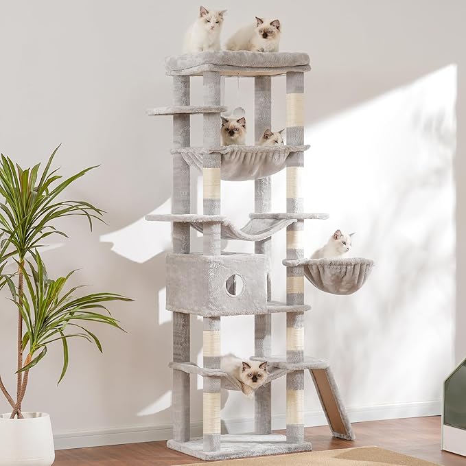 Hey-brother Cat Tree, 69.3-Inches Multi-Level Plush Cat Tower for Indoor Cats with Large Top Perch, Extra Spacious Hammock, 2 Hammocks Ramp, Hanging Ball, Light Gray MPJ037W