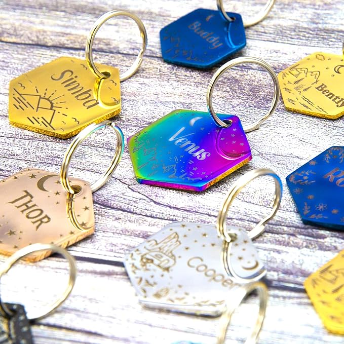 Personalized Dog Tag with 5 Lines of Custom Deep Engraved Durable Stainless Steel Pet ID Name Tag Designer Regular Size Hexagon