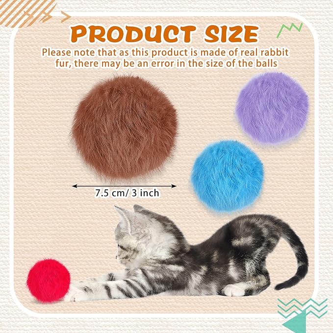LEIFIDE 12 Pieces Real Rabbit Fur Pom Pom Kitty Cat Toy Fluffy Cat Balls Soft Fuzzy Balls for Kitty Pets Kitten Chase Quiet Play, 3 Inches in Diameter(Bright Color)
