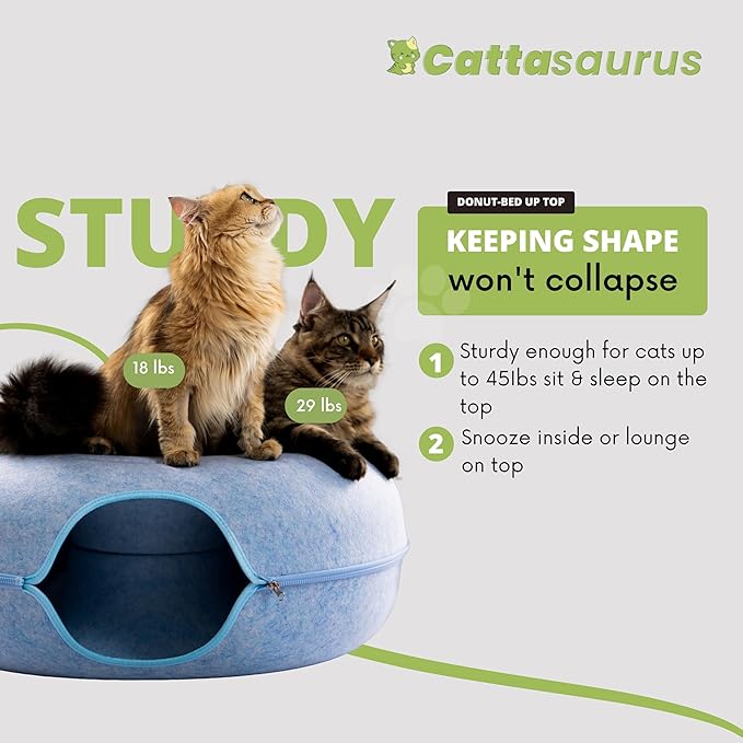 Cattasaurus Peekaboo Cat Cave for Multiple & Large Cats Up to 30-45 Lbs, Scratch Detachable & Washable Tunnel Bed, Comfy Donut Cat Cave (Blue, Jumbo)