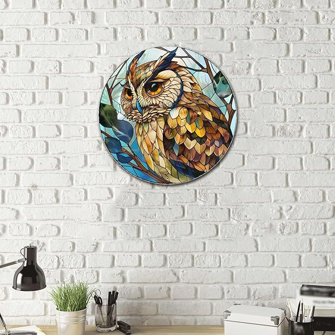 Lygond Metal Sign Tin Sign Circular Stained Glass Owl Bathroom Signs for Home for Garden 12×12 Inches