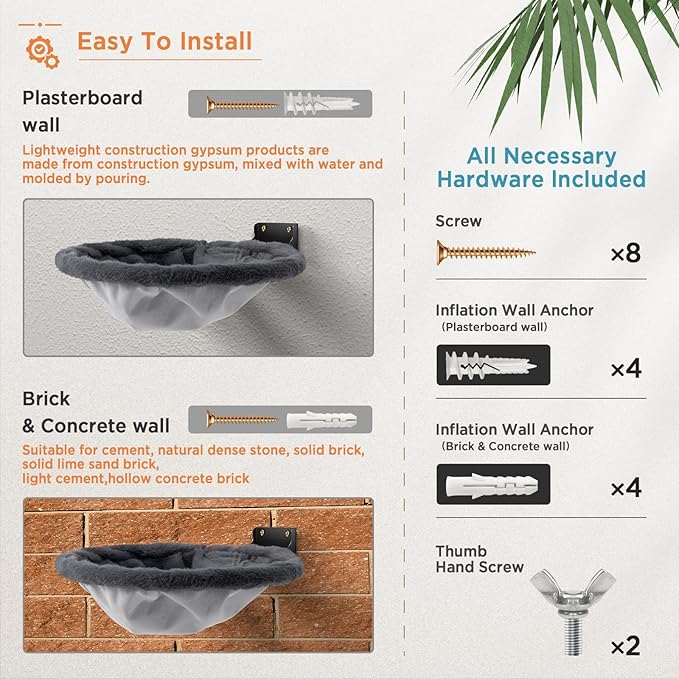 Cat Hammock Wall Mounted, Foldable & Stable Cat Beds- Breathable Cats Wall Shelves for Sleeping, Playing, Climbing, and Lounging - Maximum Hold Up to 30lb（Gray,Faux Rabbit Fur）