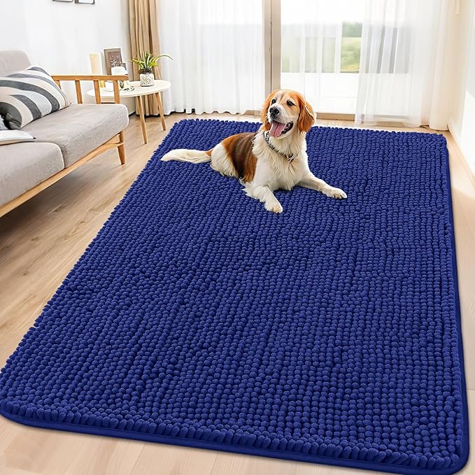 Smiry Dog Door Mat for Muddy Paws 71x46, Absorbs Moisture and Dirt Doormat, Non-Slip Washable Quick Dry Chenille Front Door Mat Indoor Entrance, Entryway Carpet for Inside Floor, Navy Blue