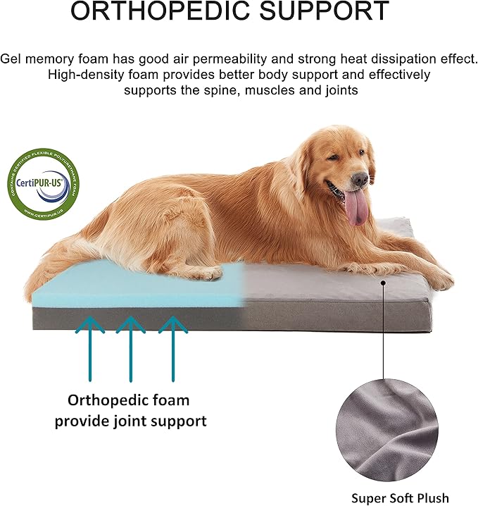 Orthopedic Memory Foam Bed for Large Dogs, Waterproof Cooling Pet Mats for Crate with Removable Washable Cover,Ideal for Arthritic Dogs (Large plus-36"x 27" x 3", Short Plush)