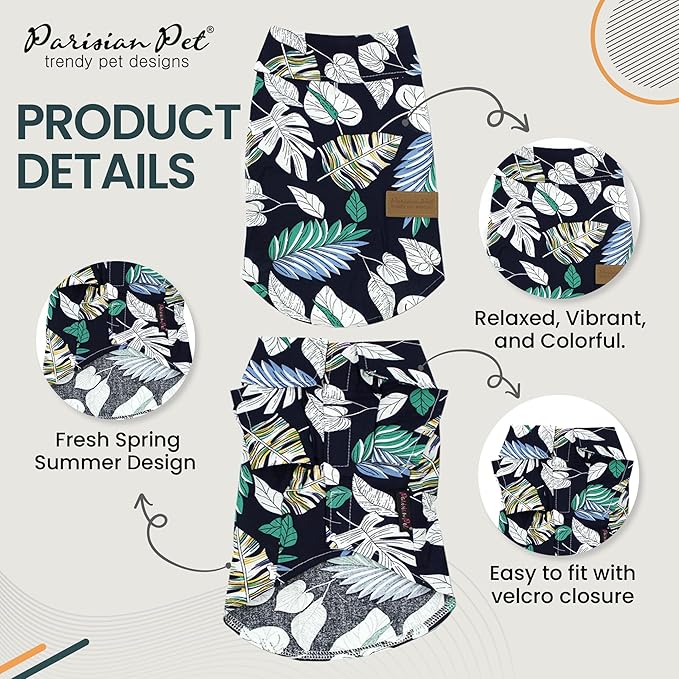 Parisian Pet Palm Leaves Dog Shirt - 100%Cotton Summer Clothes - Stylish Beach Outfit - Hook and Loop Closure - Machine Washable - 2XL