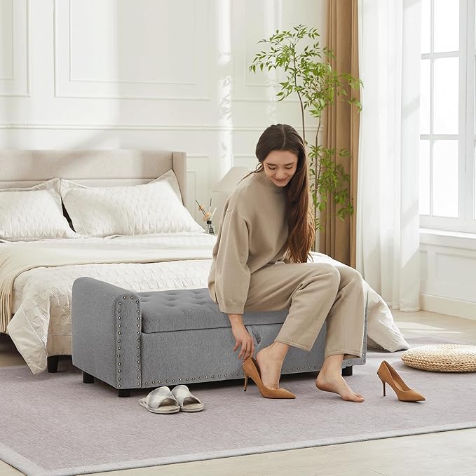 Ottoman with Storage, Tufted Storage Bench for Bedroom, 48" Fabrics End of Bed Bench, Upholstered Entryway Shoe Benches with Rolled Arm & Inner Zipper, Window Ottomans Chest with Rivets, Drak Grey