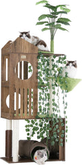 FourFurPets Large Cat Tree with Leaves, 72.8-Inch Cat Tower for Indoor Cats, Modern Cat Tree with Scratching Post, Large Perch, Tunnels, Swing Ball, Self Groomer, Greige