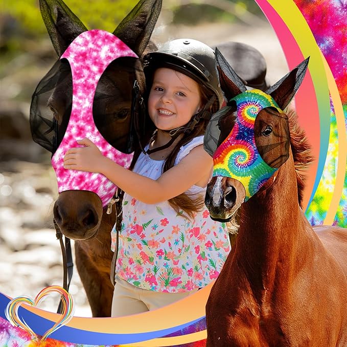 Qualirey12 Pieces Horse Fly Mask Bulk Comfortable Elasticity Mask for Horses with Ears Net UV Protection Breathable Face Covering for Pony and Foal(Medium, Tie Dye Patterns)