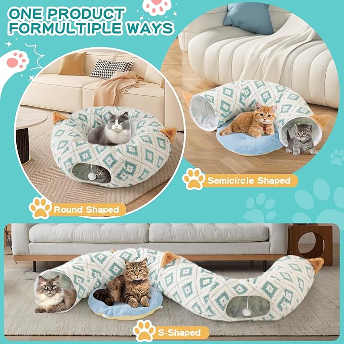 Cat Tunnel Bed with Soft Cushion, Cat Donut Tunnels for Indoor Cats, Peekaboo Cat Cave Toy, Multifunctional Playground Toys for Kittens, Rabbit, Blue Jacquard Pattern
