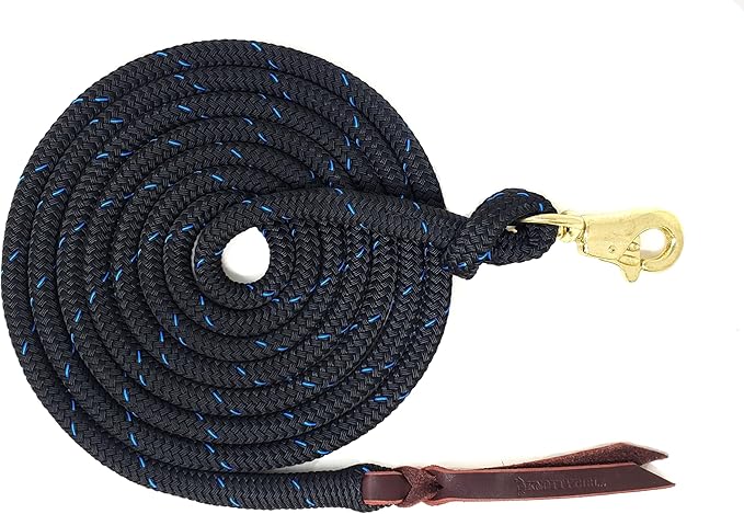 Premium 1/2" Samson Eq Braid Yacht Natural Horse Training Lead Rope with Brass Trigger Bull Snap (12ft Black with Blue)