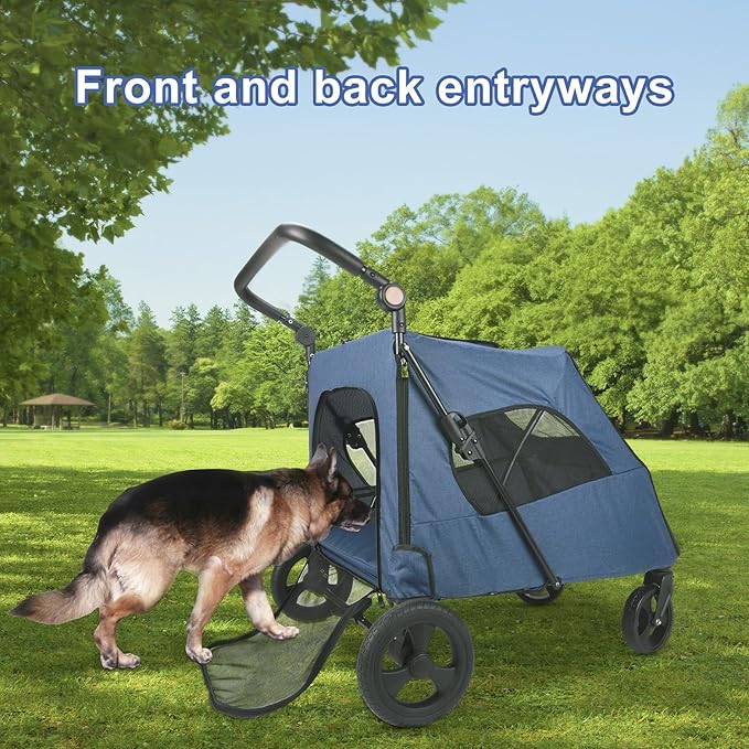 Large Dog Travel Stroller with 4 Heavy Duty Wheels Pet Stroller with Adjustable Handle - Double Doggie Capacity Jogger Wagon with Back Front Door for Small Medium Large Dogs (Navy-C)